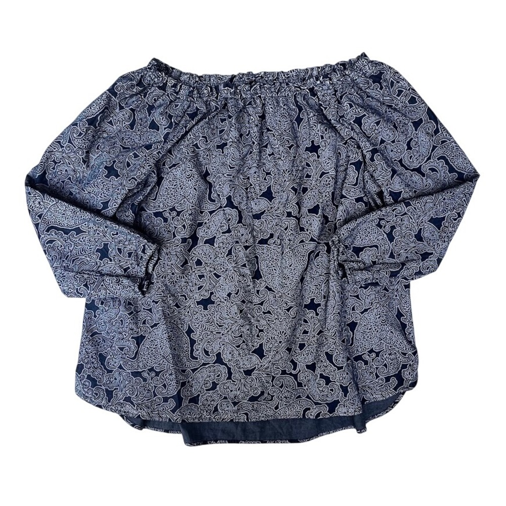 Jones New York XL Off The Shoulder Boho Paisley Blouse Blue‎ Tencel Lyocell Top